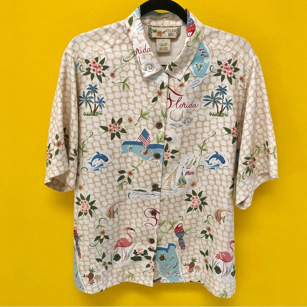 Kylani Bay 100% Silk Florida State Button Down Short Sleeve Collared Shirt Large